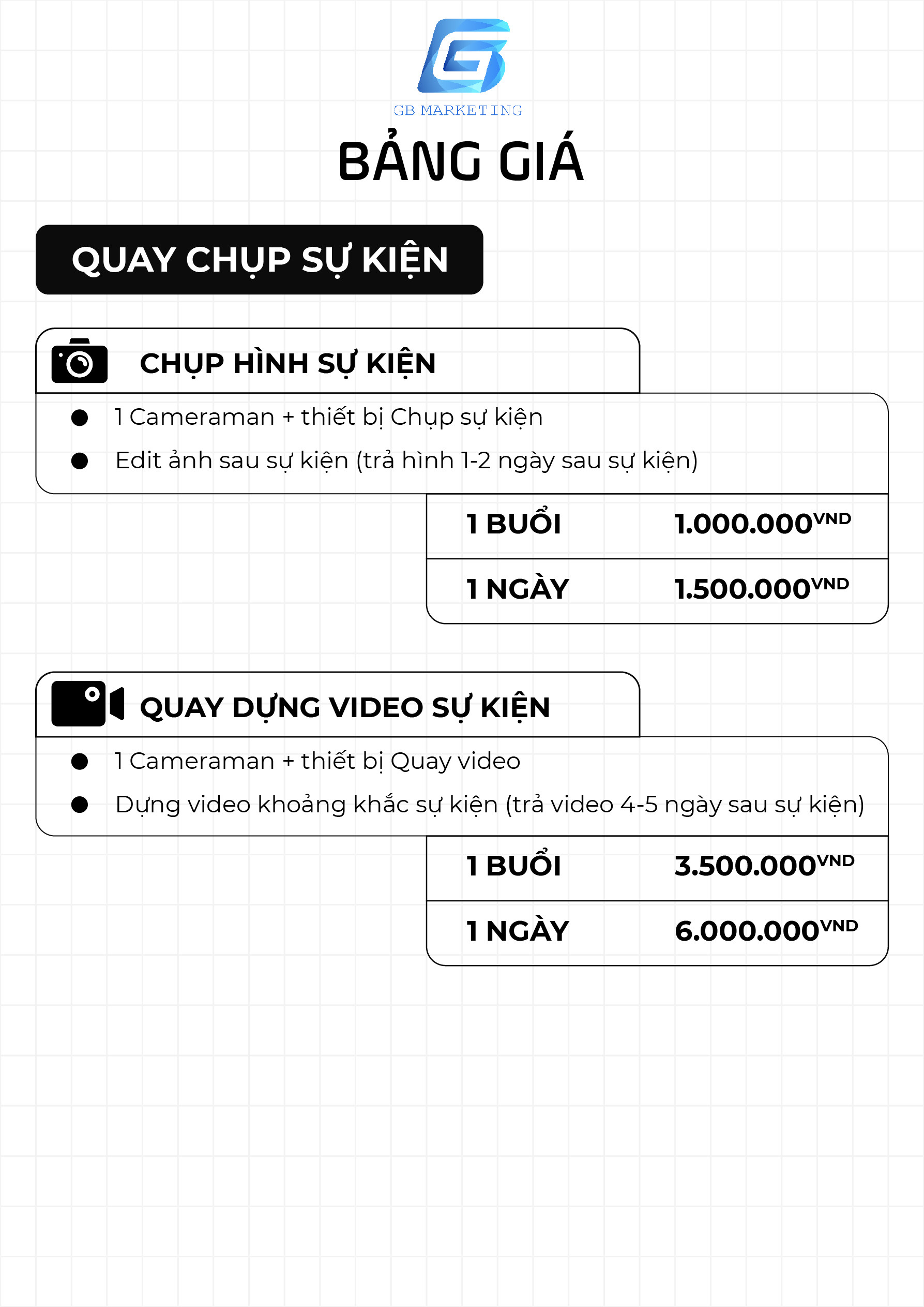 Bảng giá chi tiết dịch vụ quay chụp sự kiện