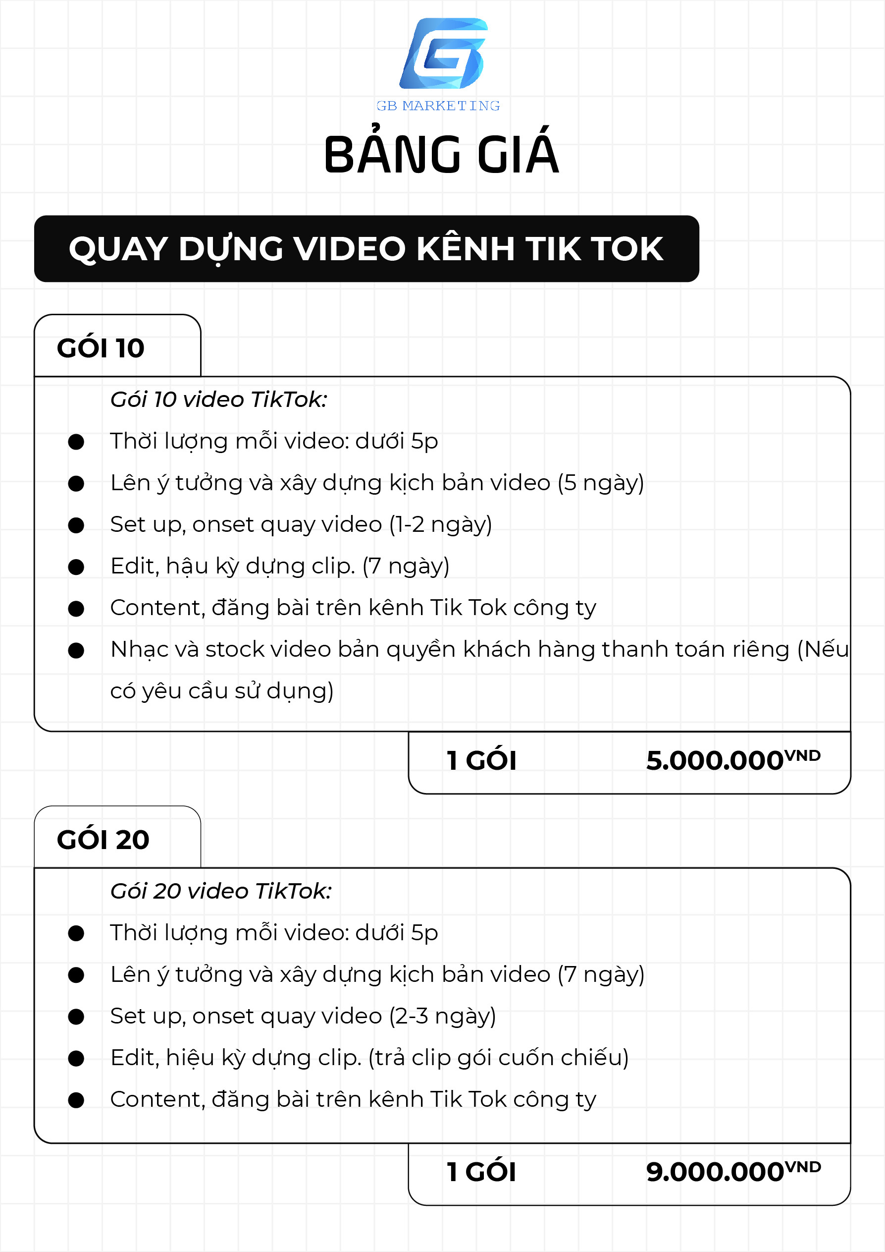 Bảng giá dịch vụ quay dựng video kênh Tik Tok